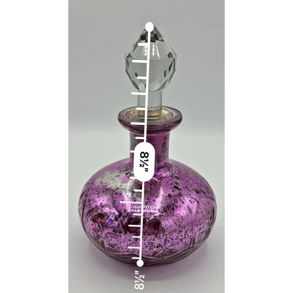 Pink Mercury Glass Globular Large Bottle Faceted Crystal Cut Stopper 8.5” Genie - Picture 12 of 13